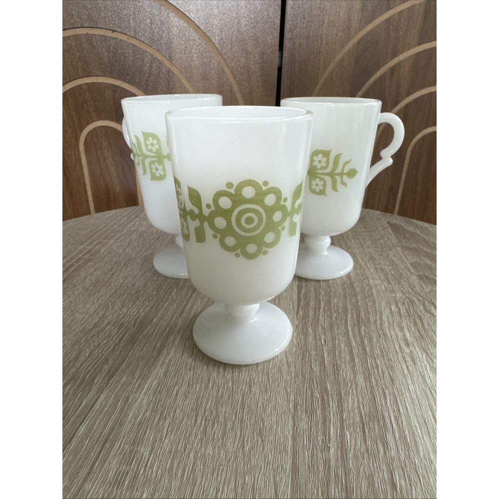 Vintage Milk Glass Retro Green Flower Pedestal Footed Irish Coffee Mugs Cups (3)